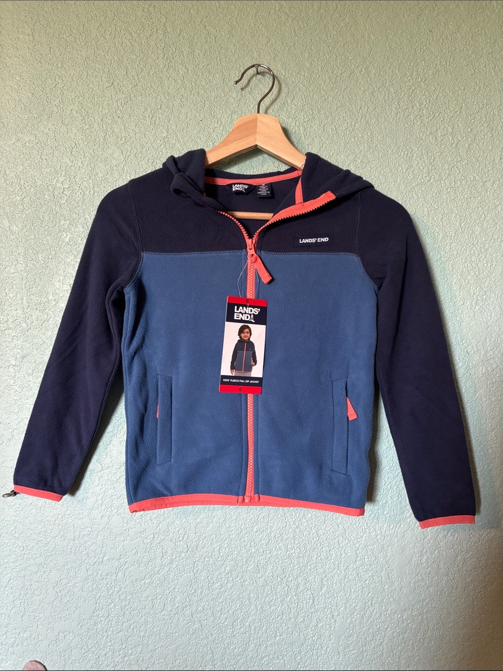 🆕 Lands' End Blue & Navy Kids’ Full Zip Hoodie Jacket Coral Trim, size 6 - NWT